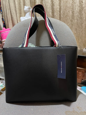 Tommy Hilfiger black pebbled tote, back view with tag