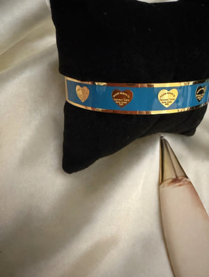 Blue Enamel Heart Bangle Bracelet - Gold Tone Cuff Bracelet with Heart Motifs, Colorful Fashion Jewelry Gift for Women