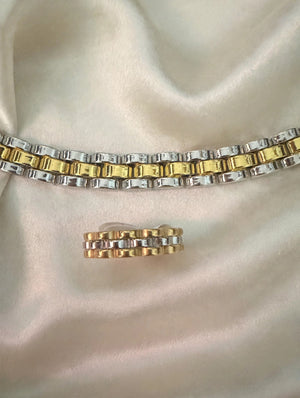 Two-tone gold and silver link bracelet and ring set