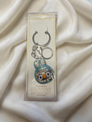 Teal Crystal Rhinestone Monster Face Bag Charm Keychain with Lobster Clasp - Sparkly Purse Charm