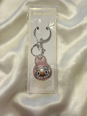 Pink Crystal Rhinestone Monster Face Bag Charm Keychain with Lobster Clasp - Sparkly Purse Charm