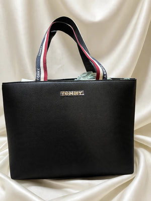 Tommy Hilfiger black pebbled tote, front view