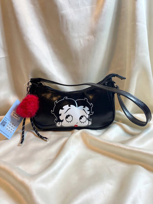 Betty Boop Black Shoulder Bag NWT Face Graphic Red Pom Charm