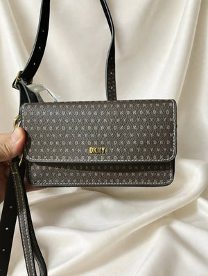 DKNY brown monogram flap crossbody bag, front view with gold logo