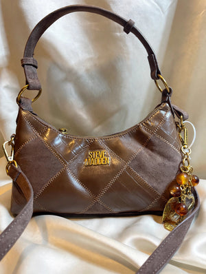Steve Madden Brown Patchwork Hobo Bag NWT Gold Logo Charm Strap