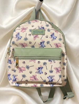 Disney Stitch Mini Backpack NWT - White Angel Print Faux Leather Bag Sage Green Trim, Palm Tree Shell Print
