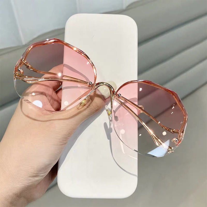 Fashion Tea Gradient Sunglasses Trimmed Lens Metal Curved UV400