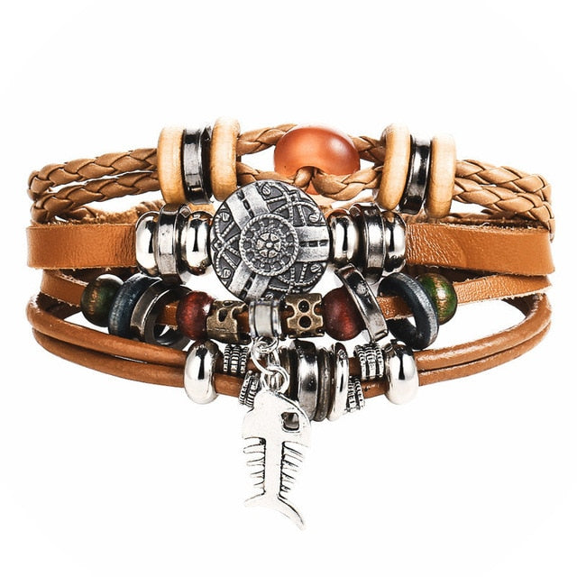 Fish Eye Vintage Punk Multi layer Leather Bracelet charm 2pcs. - MomProStore