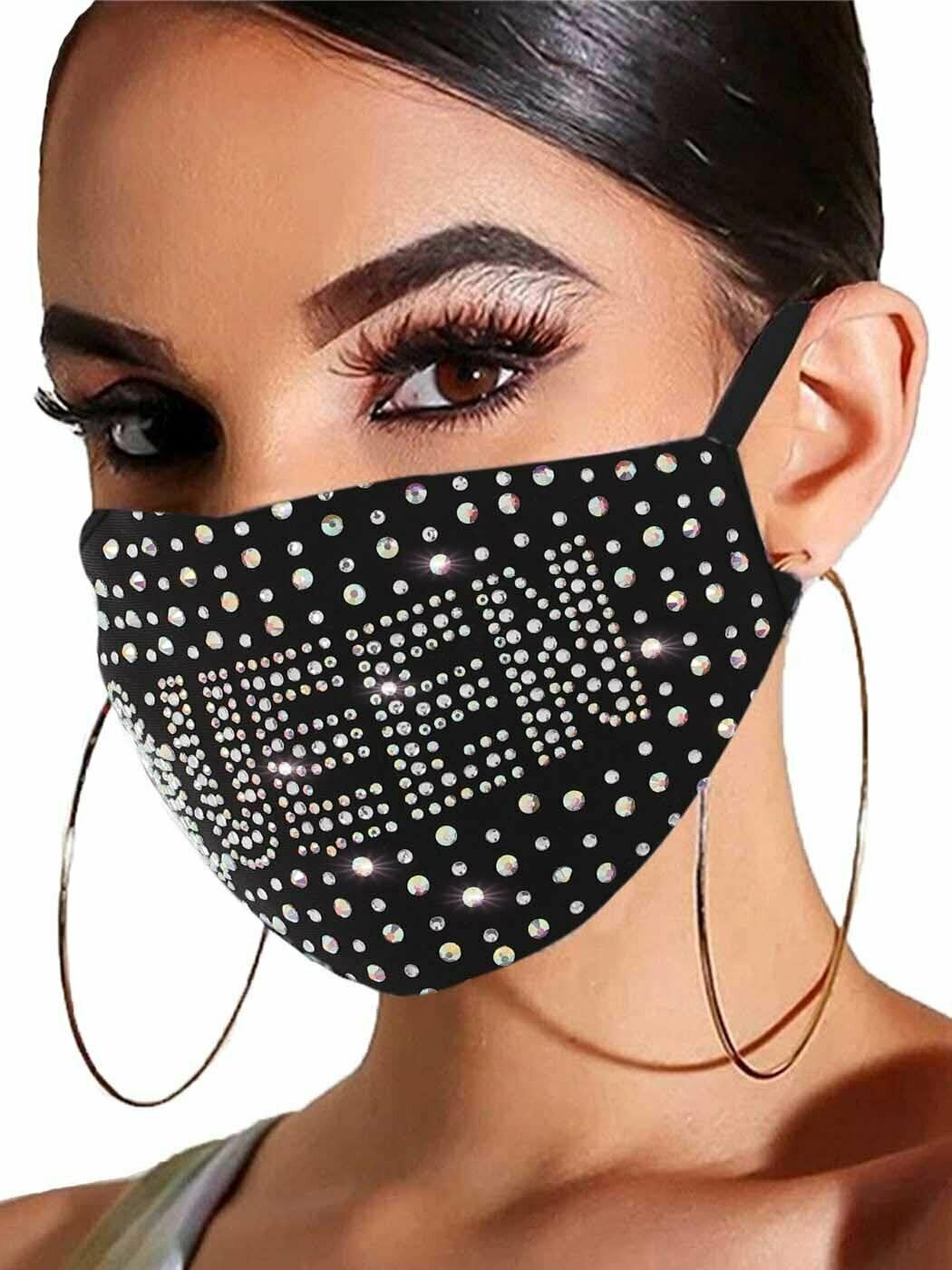Rhinestone Bling Crystal Queen Face Mask Sparkly Reusable Washable