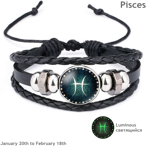 Luminous Leather Men's & Women's Bracelet 12 Constellation Charm - MomProStore
