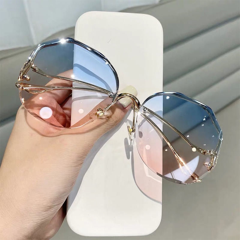 Fashion Tea Gradient Sunglasses Trimmed Lens Metal Curved UV400