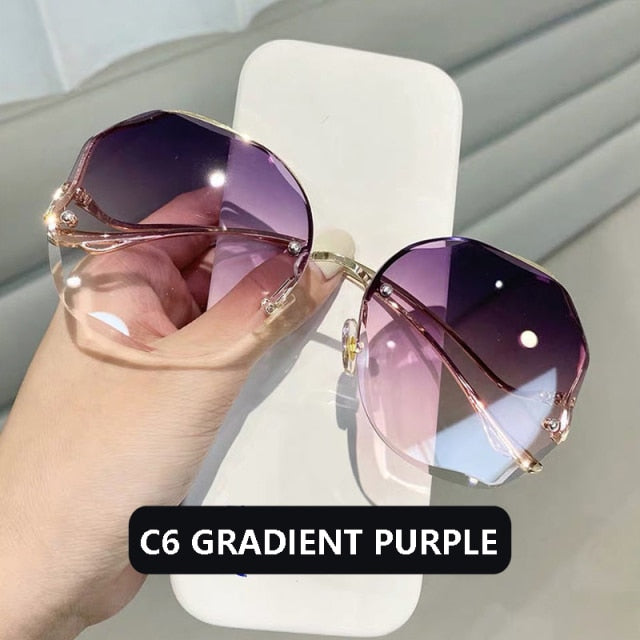 Fashion Tea Gradient Sunglasses Trimmed Lens Metal Curved UV400