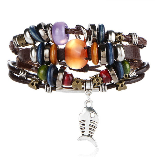 Fish Eye Vintage Punk Multi layer Leather Bracelet charm 2pcs. - MomProStore