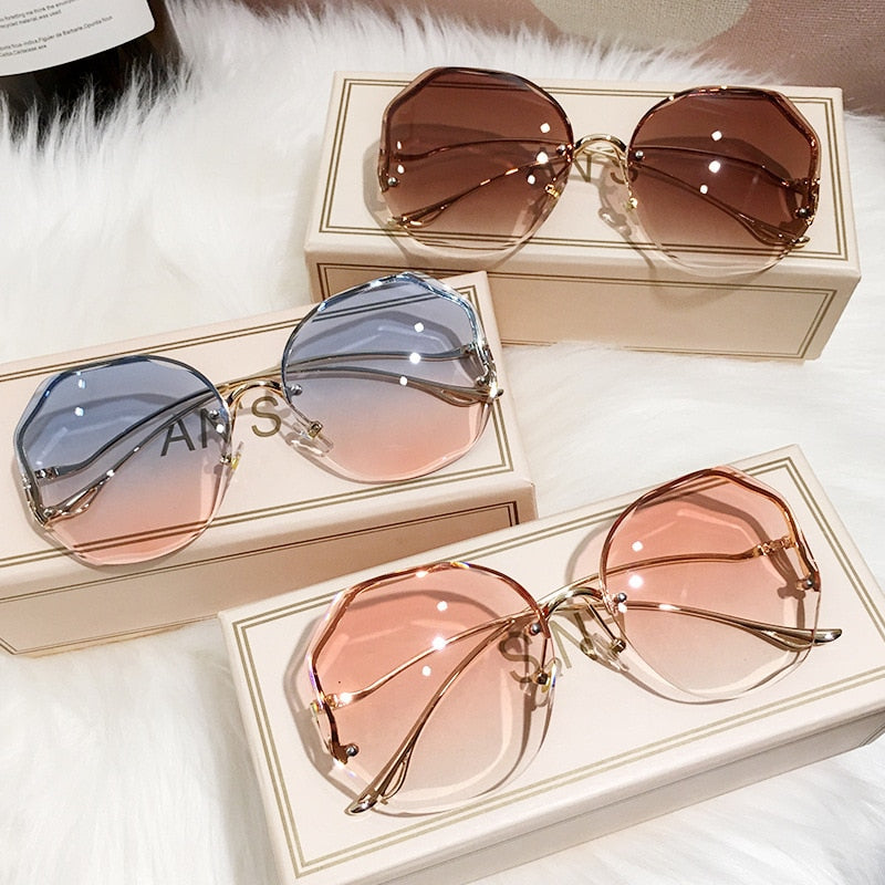 Fashion Tea Gradient Sunglasses Trimmed Lens Metal Curved UV400