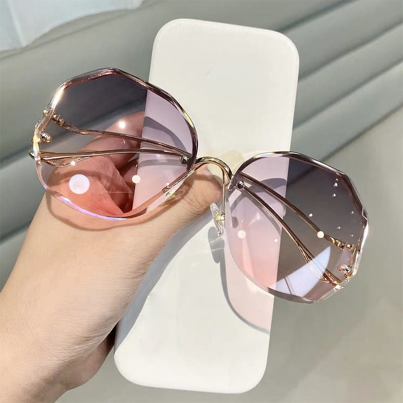 Fashion Tea Gradient Sunglasses Trimmed Lens Metal Curved UV400