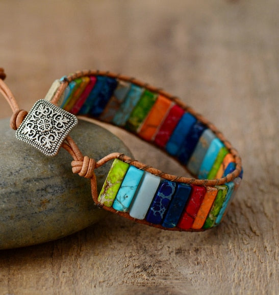 Handmade Chakra Bracelet Natural Stone Tube Beads Leather Wrap - MomProStore