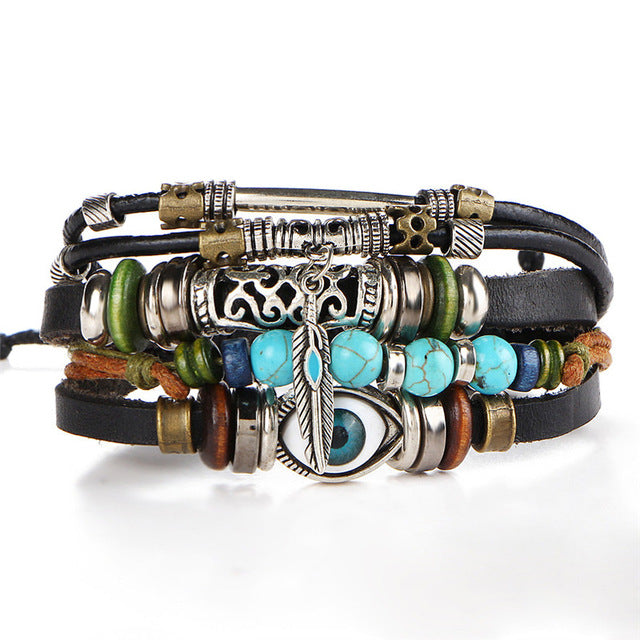 Fish Eye Vintage Punk Multi layer Leather Bracelet charm 2pcs. - MomProStore