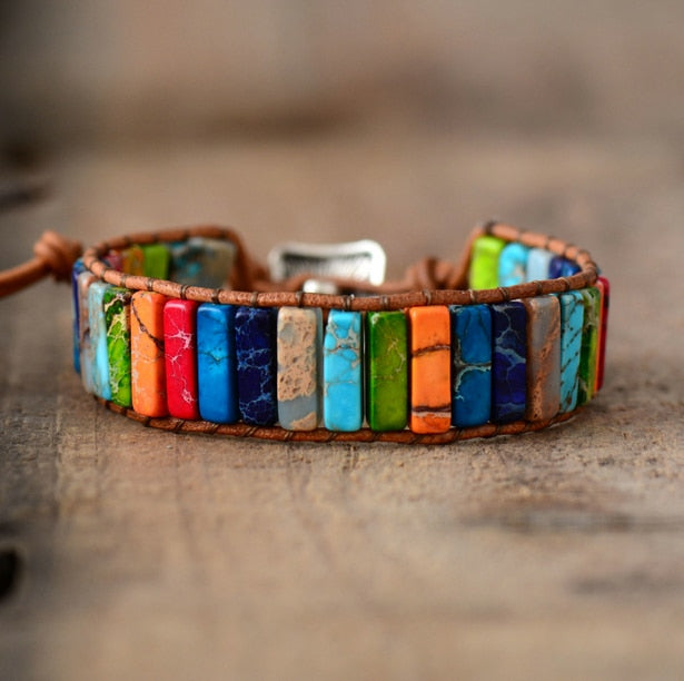 Handmade Chakra Bracelet Natural Stone Tube Beads Leather Wrap - MomProStore