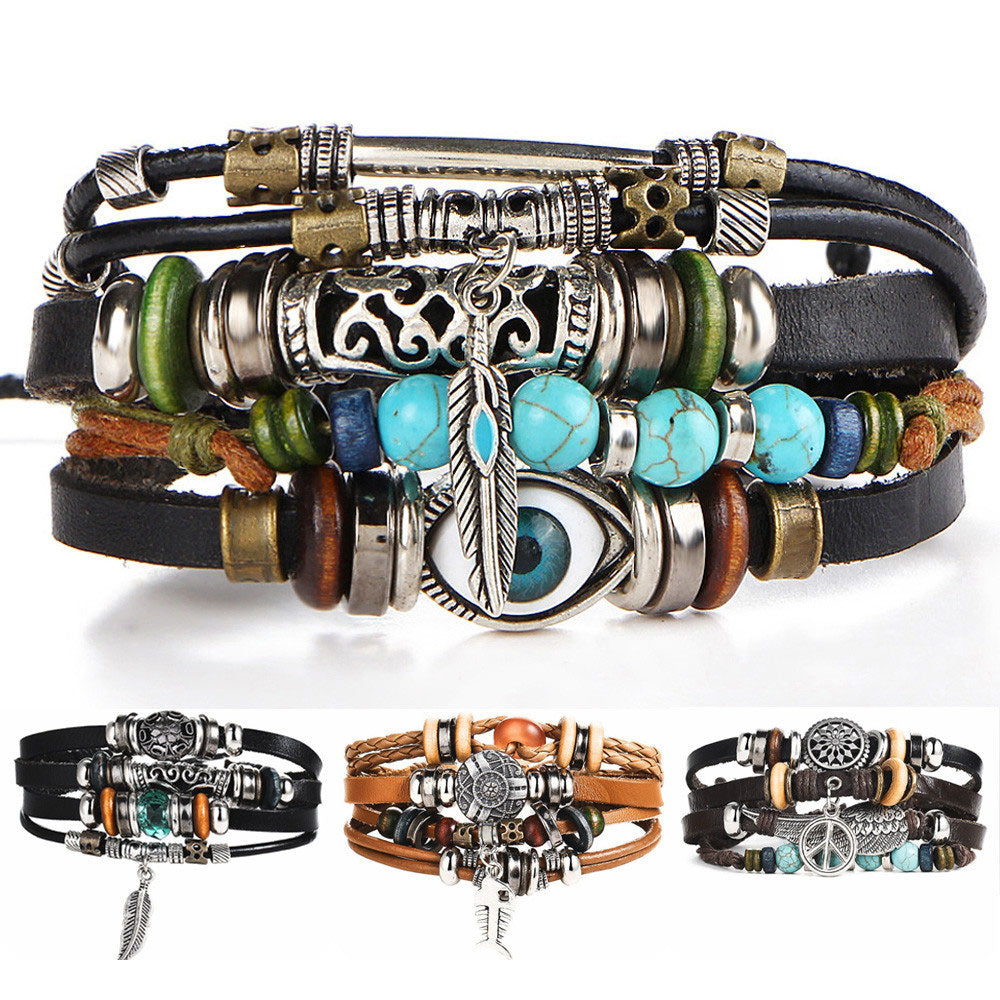 Fish Eye Vintage Punk Multi layer Leather Bracelet charm 2pcs. - MomProStore