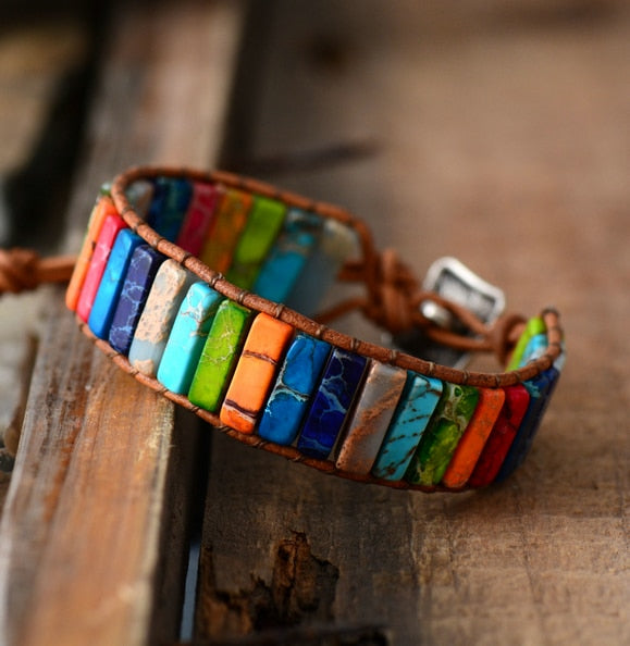 Handmade Chakra Bracelet Natural Stone Tube Beads Leather Wrap - MomProStore