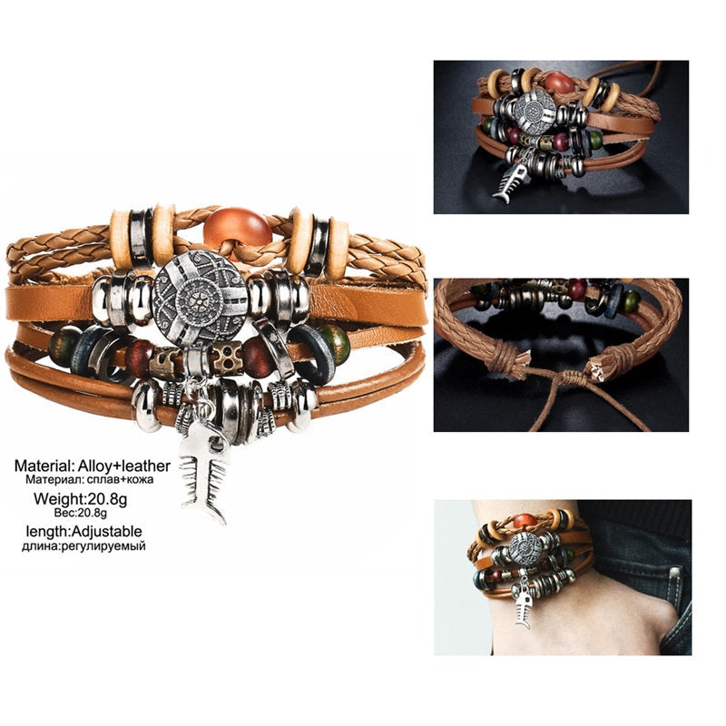 Fish Eye Vintage Punk Multi layer Leather Bracelet charm 2pcs. - MomProStore