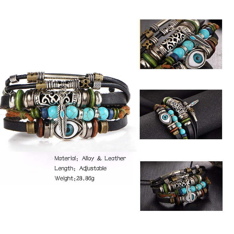 Fish Eye Vintage Punk Multi layer Leather Bracelet charm 2pcs. - MomProStore