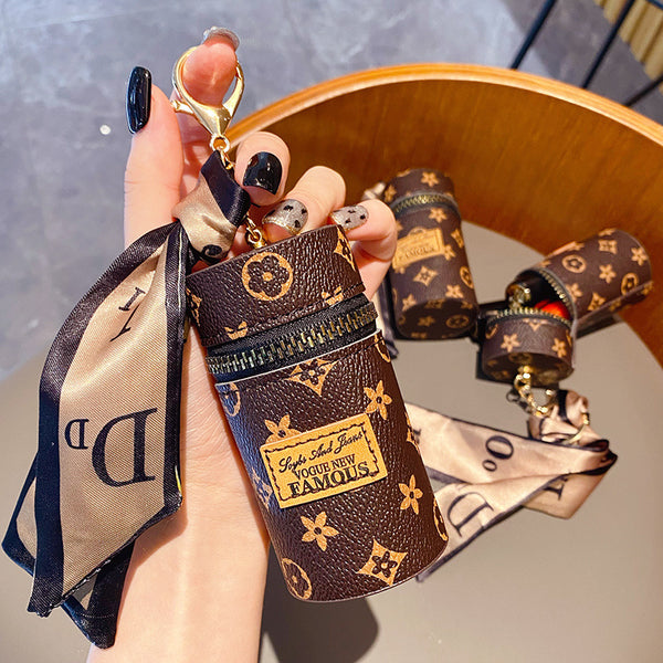 Aimiya Lipstick Bag with Scarf Smooth Zipper Plaid Printing Waterproof  Space-saving Change Purse Keychain Pendant Daily Use 