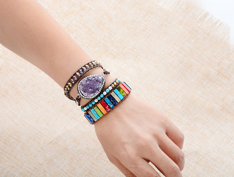 Handmade Chakra Bracelet Natural Stone Tube Beads Leather Wrap - MomProStore