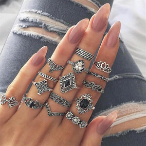 Anniversary Bohemian Retro Crystal Silver 15Pcs Ring set - MomProStore