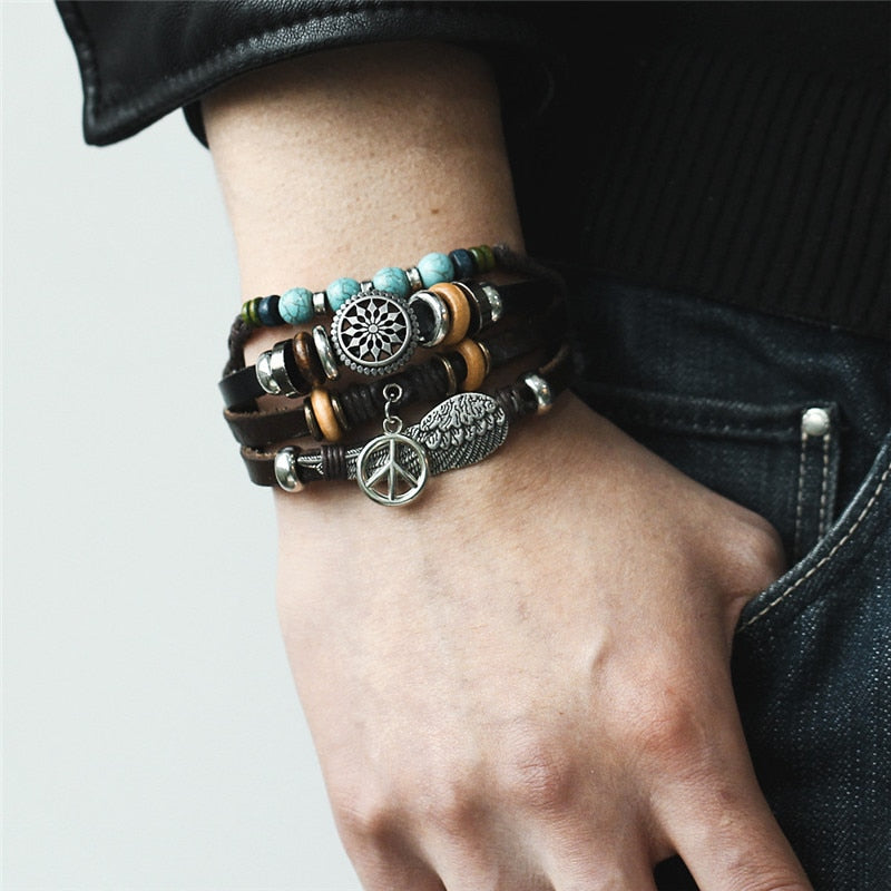 Fish Eye Vintage Punk Multi layer Leather Bracelet charm 2pcs. - MomProStore