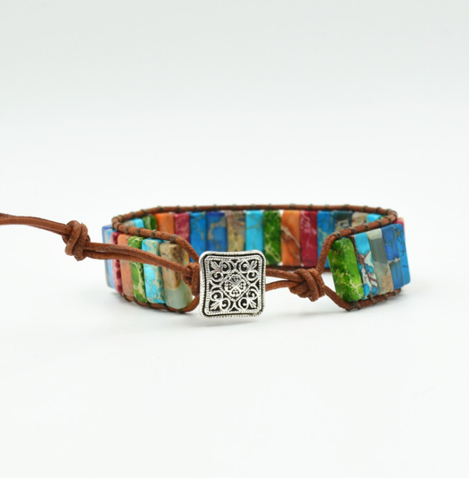Handmade Chakra Bracelet Natural Stone Tube Beads Leather Wrap - MomProStore