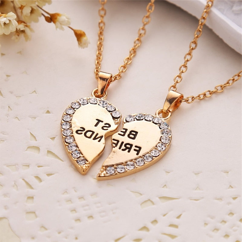 2 Pcs Best Friend Necklace Crystal Heart Pendant