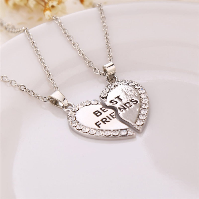 2 Pcs Best Friend Necklace Crystal Heart Pendant