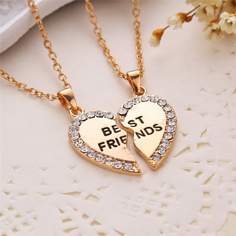 2 Pcs Best Friend Necklace Crystal Heart Pendant