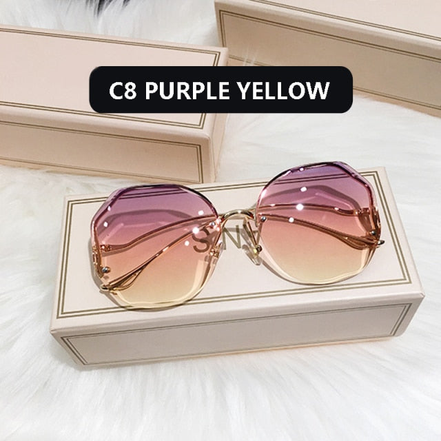 Fashion Tea Gradient Sunglasses Trimmed Lens Metal Curved UV400