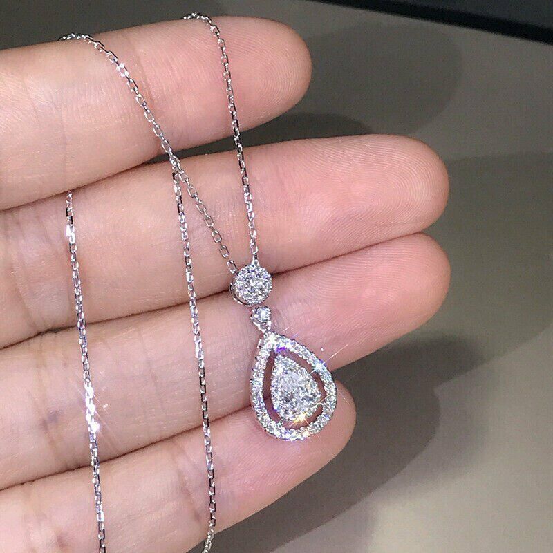 White Sapphire Shine Silver Necklace WaterDrop Pendant Wedding Jewelry