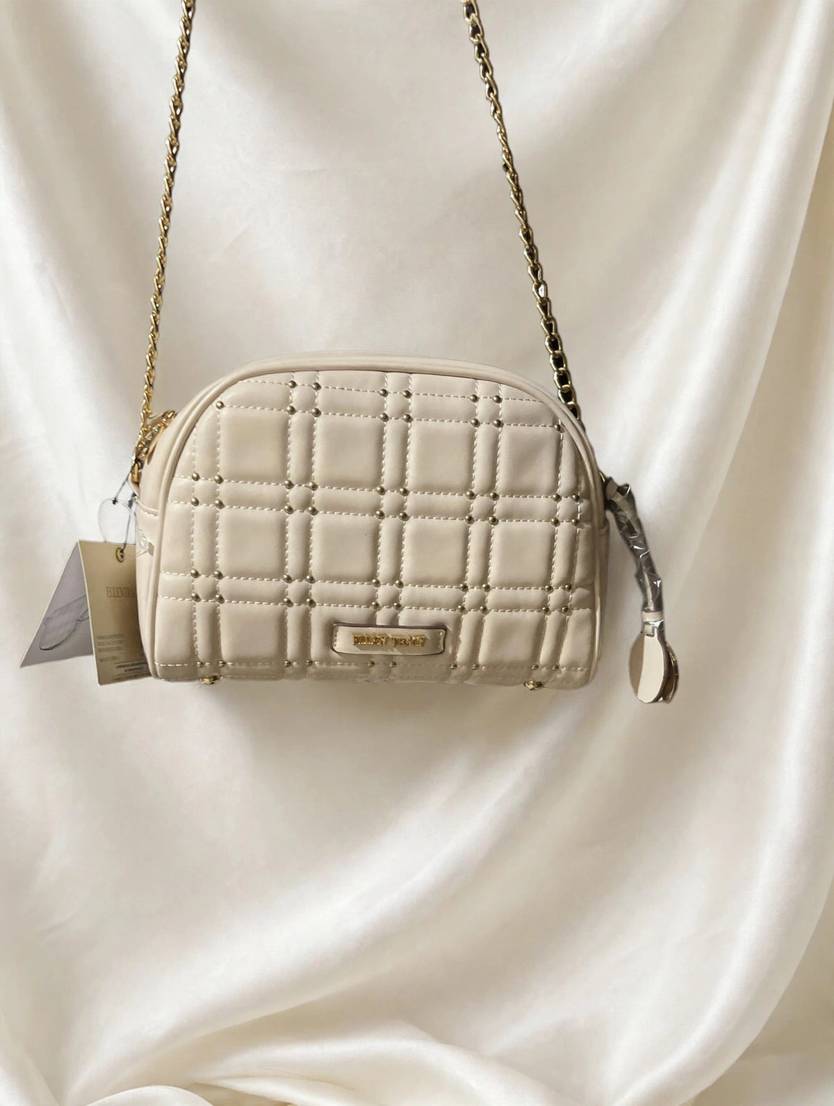 Ellen Tracy Cream Quilted Studded Dome Crossbody Bag NWT