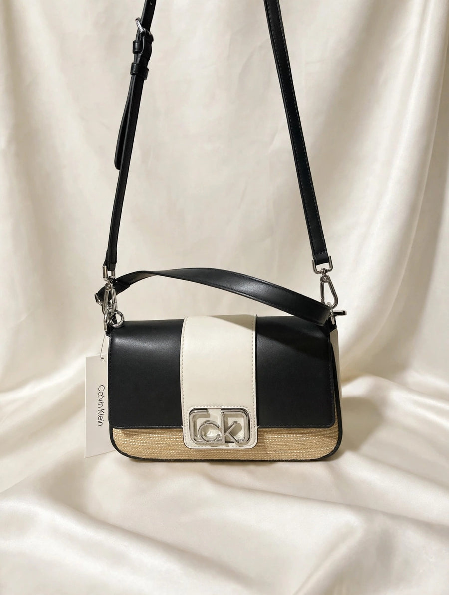 Calvin Klein Colorblock Straw Crossbody Bag Black White NWT