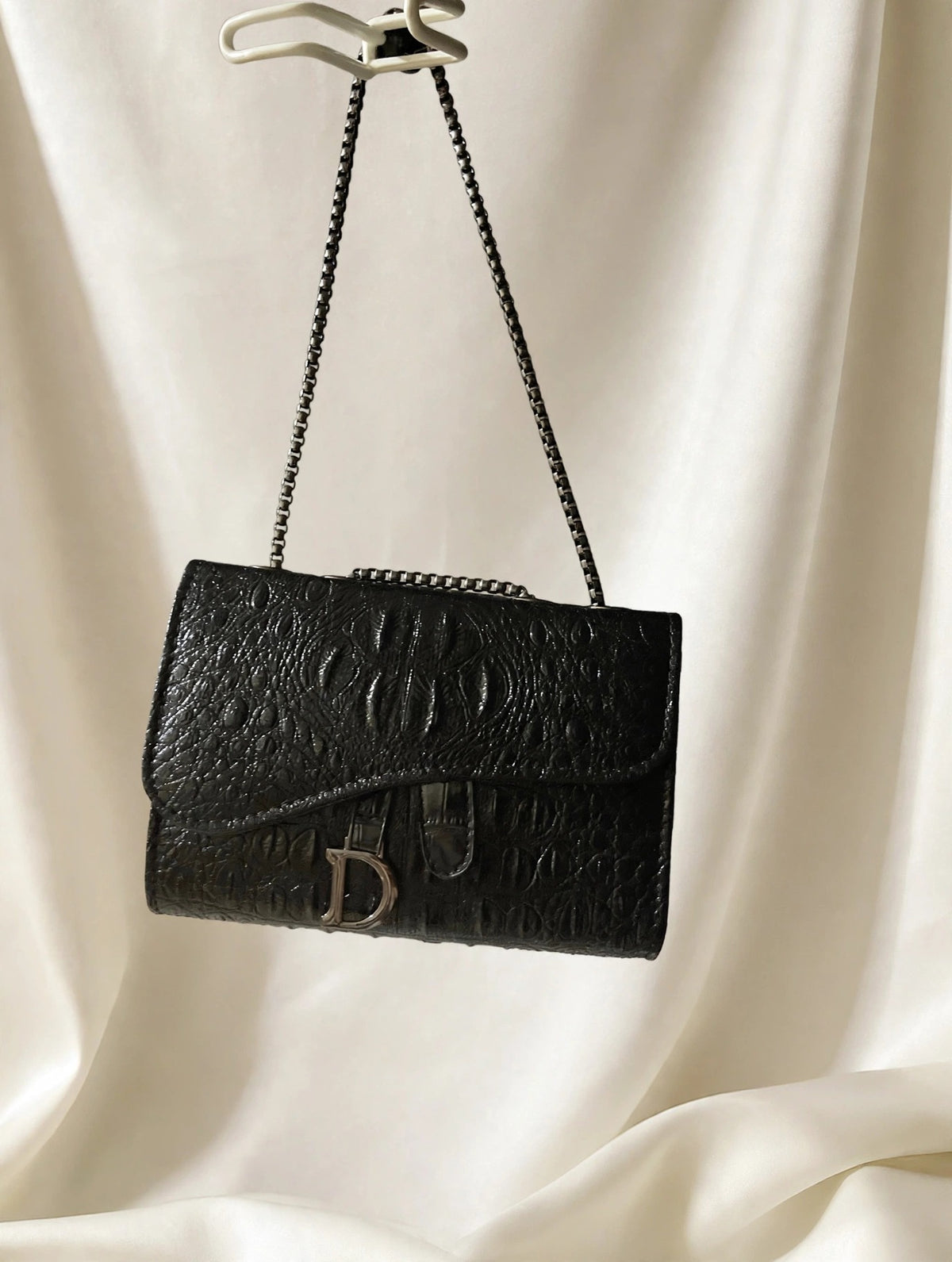 Black Croc Embossed Chain Crossbody Bag Twist Lock Purse