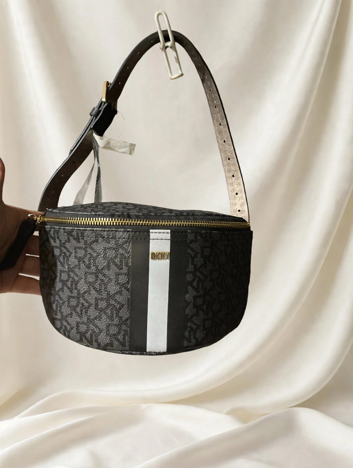 DKNY Black Monogram Fanny Pack Belt Bag White Stripe
