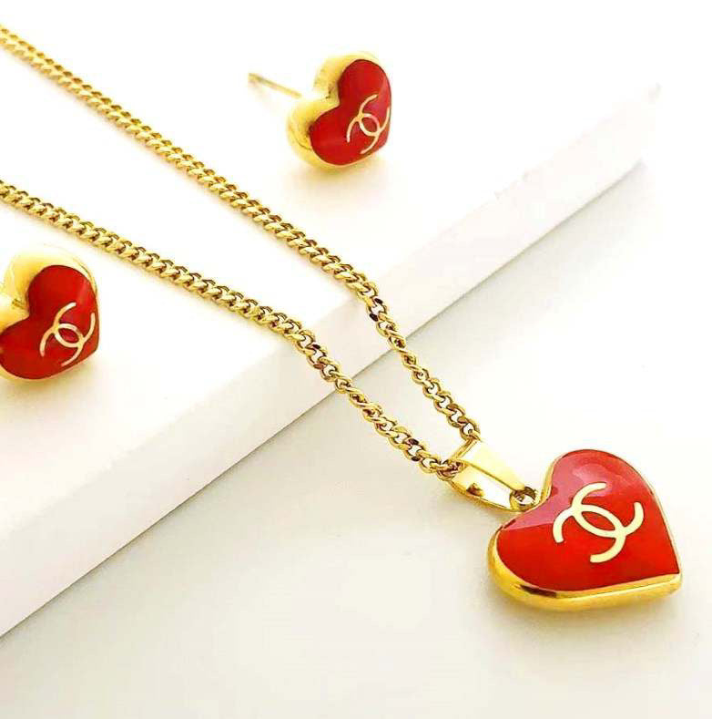 18k Gold Plated Stainless Steel Heart Necklace and Earrings Set