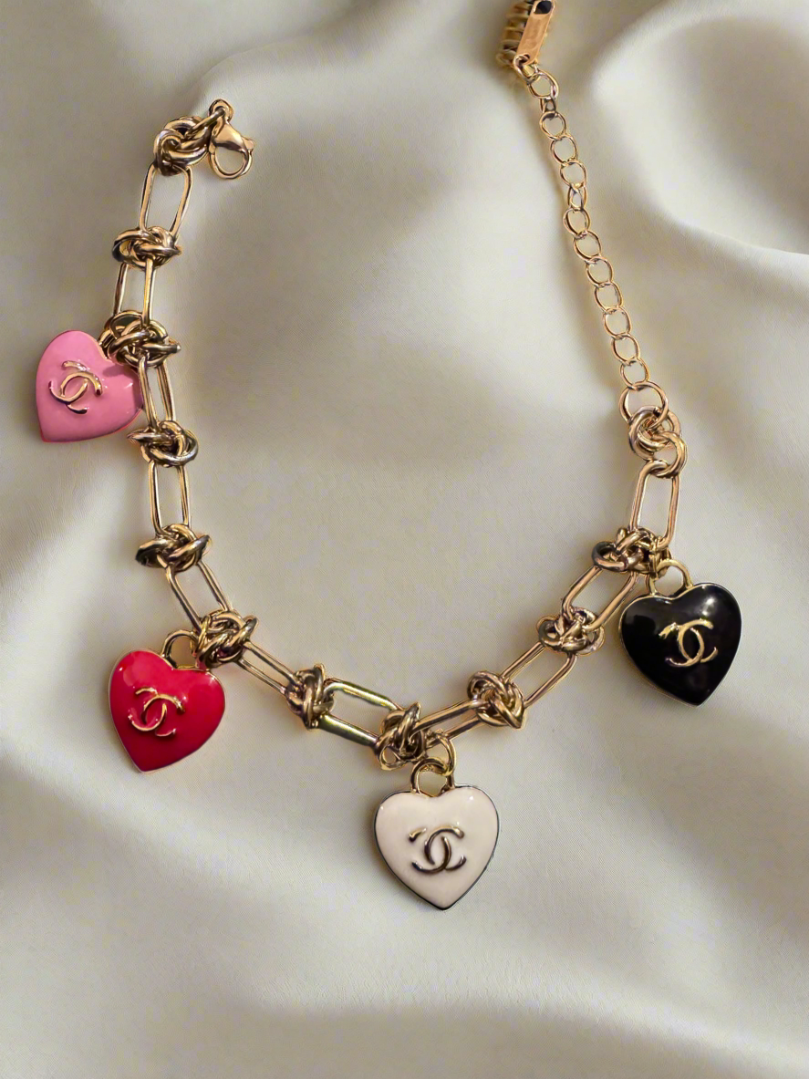 Zipper pull stamped unique Heart Charm Bracelet