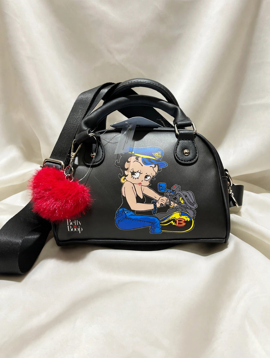 Betty Boop Black Satchel Bag Motorcycle Graphic Red Pom Charm