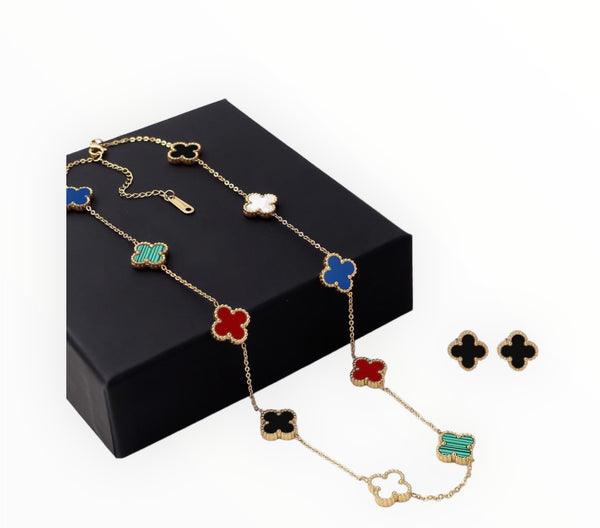 Stainless Steel 18K Gold Plated Multi Color 10 Clover Necklace Earrings Set
