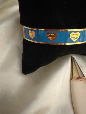 Blue Enamel Heart Bangle Bracelet - Gold Tone Cuff Bracelet with Heart Motifs, Colorful Fashion Jewelry Gift for Women