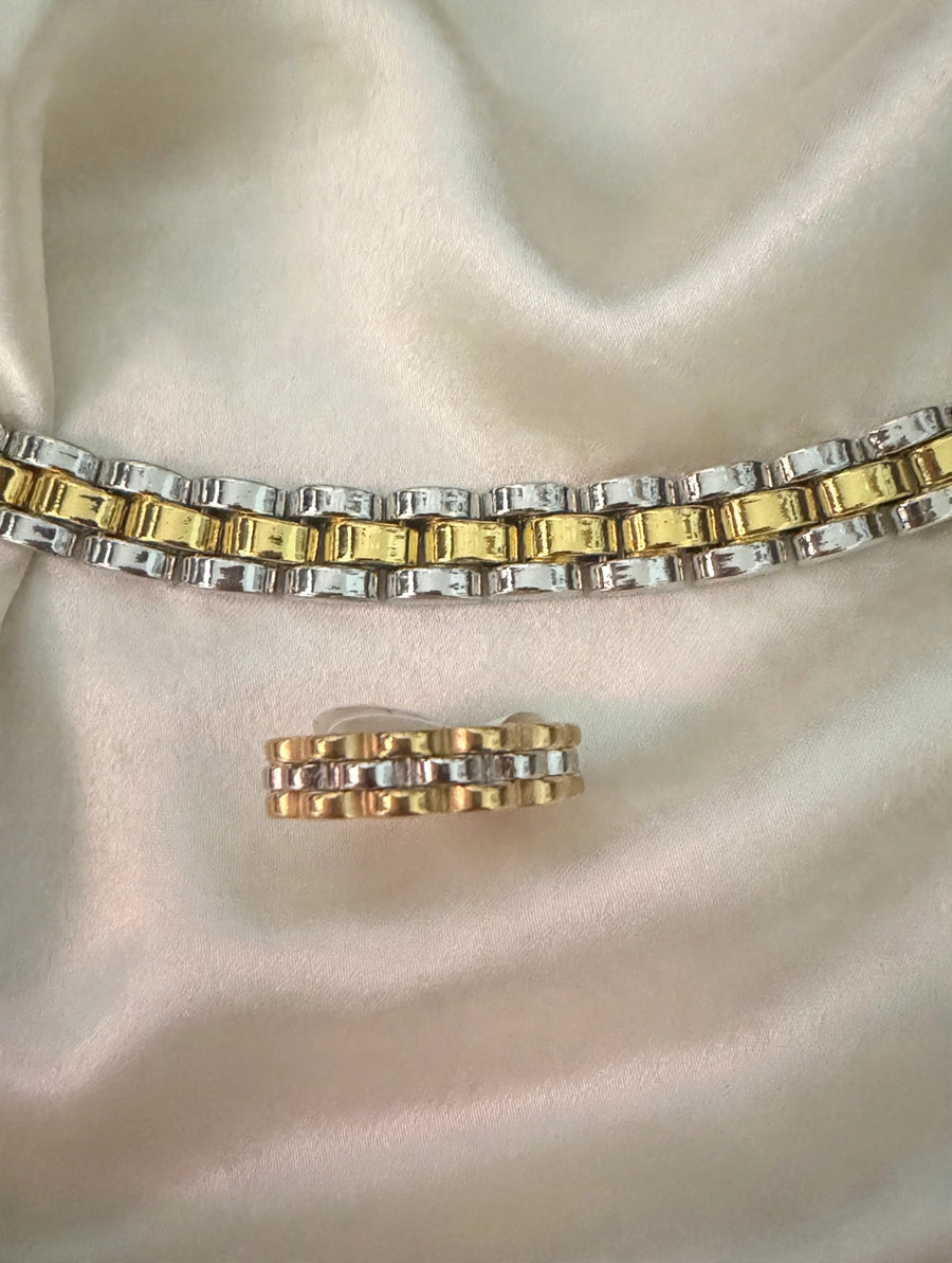 Two Tone Gold Silver Link Bracelet and Ring Set