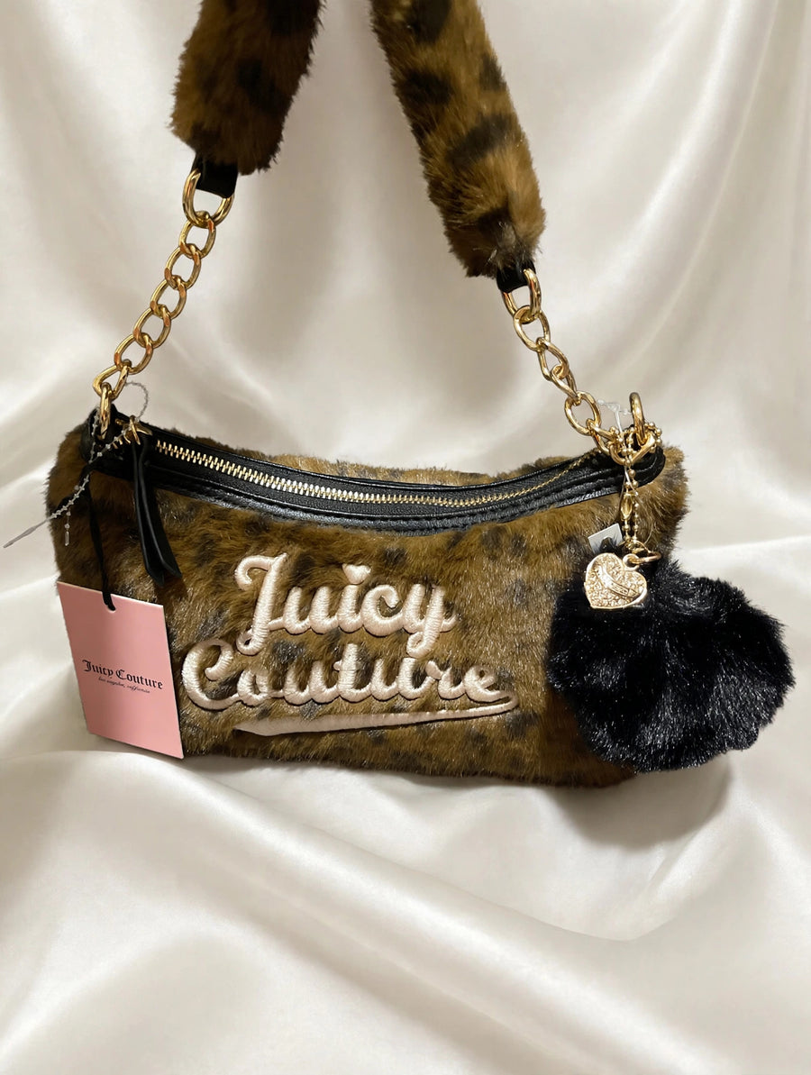 Juicy Couture Leopard Faux Fur Bag NWT Juicy Script Black Pom Heart Charm