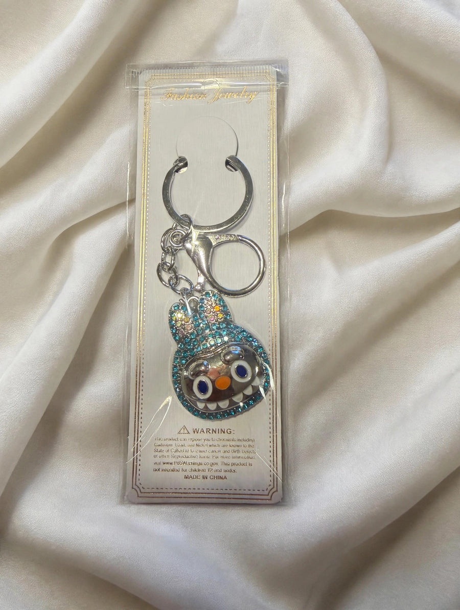Teal Crystal Rhinestone Monster Face Bag Charm Keychain with Lobster Clasp - Sparkly Purse Charm
