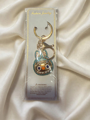 Teal Crystal Rhinestone Monster Face Bag Charm Keychain with Lobster Clasp - Sparkly Purse Charm