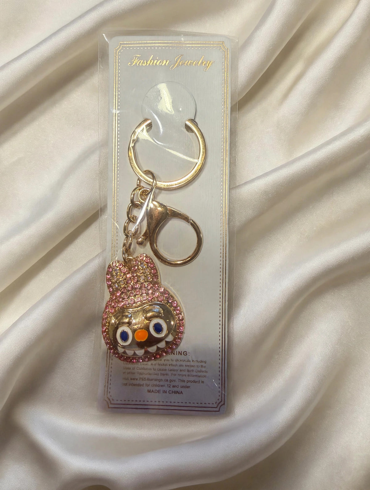 Pink Crystal Rhinestone Monster Face Bag Charm Keychain with Lobster Clasp - Sparkly Purse Charm